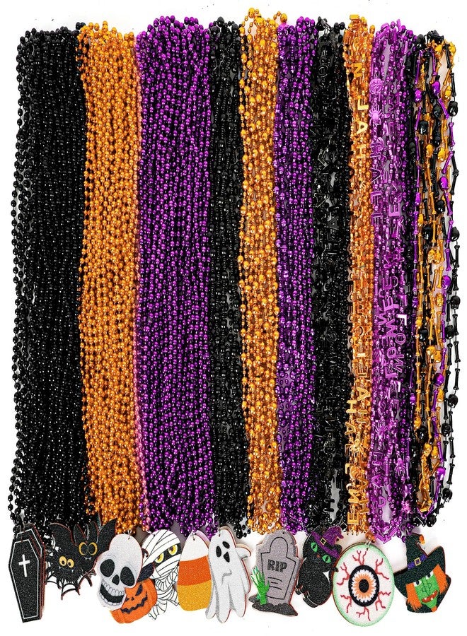 EOBOH 100PCS Halloween Necklace Accessories, 24 Kinds Purple Black Orange Bead Necklace Party Favors Bulk, 32" Halloween Pumpkin Ghost Pendant Toy Necklaces Decor, Festival Parade Throw for Trick or Treat - Image 1